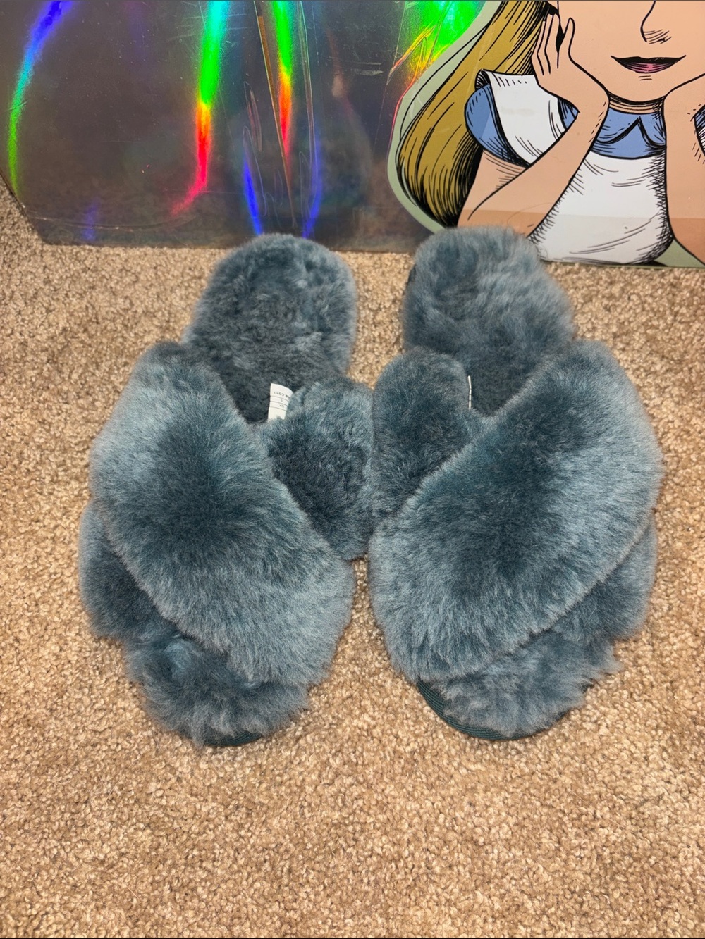 Emu Teal Plush Cross-Band Fuzzy Slide Slippers